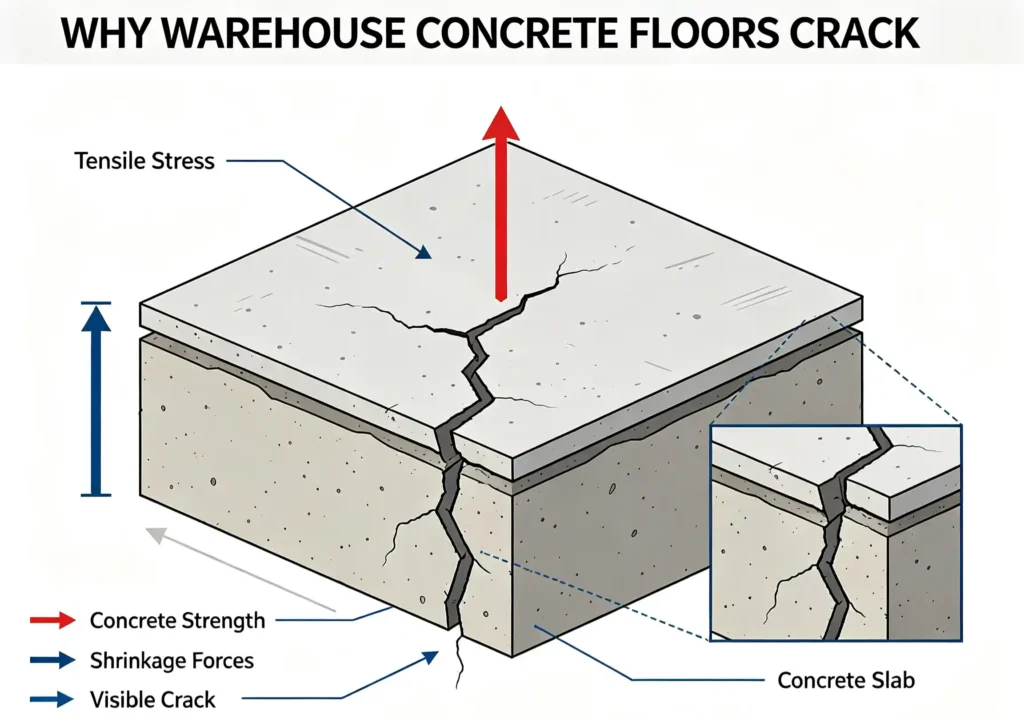 Illustration showing how tensile stress causes concrete floor cracks