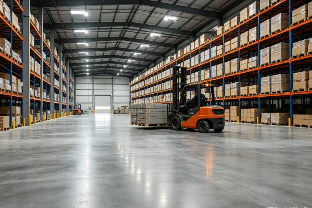 Industrial concrete floor reinforced with synthetic fibers in a modern warehouse