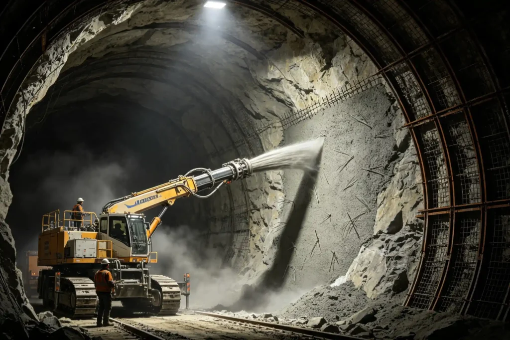 Tunnel shotcrete reinforced with fibers during underground construction