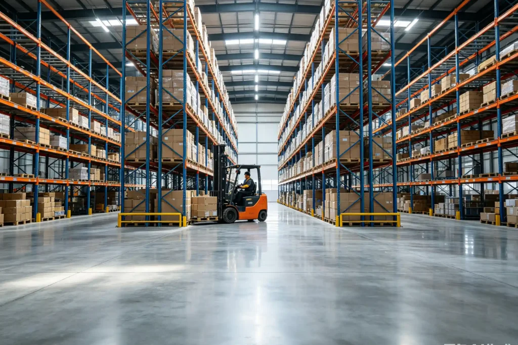 Forklift operating on a fiber reinforced industrial warehouse concrete floor